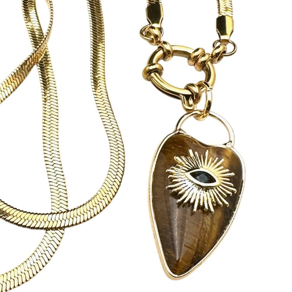 Tiger Eye Gemstone Heart Evil Eye Pendant Necklace 18K Gold Plated Chain 19 Inch